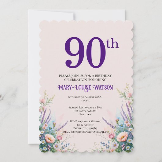 90th Birthday Floral Pink and Purple 招待状 (正面)