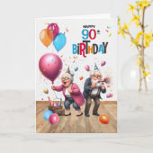 90th Birthday Funny Old Man and Woman Balloons カード (黄色い花)