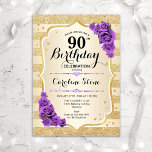 90th Birthday - Gold Stripes Purple Roses 招待状<br><div class="desc">90th Birthday Invitation. Elegant design in gold and purple. Features faux glitter gold stripes,  purple roses stylish script font and confetti. Perfect for a glam birthday party.</div>