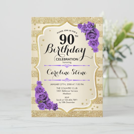 90th Birthday - Gold Stripes Purple Roses 招待状 (スタンド正面)