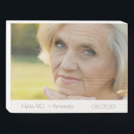 90th birthday hello 90フォト女性 ウッドボックスサイン<br><div class="desc">テンプレートの写真。90歳素晴らしの誕生日の贈り物や記念の品。簡単写真や文字にテンプレートを使用する。黒モダン字と文字：こんにちは90。名前と日付のテンプレート。黒文字。</div>