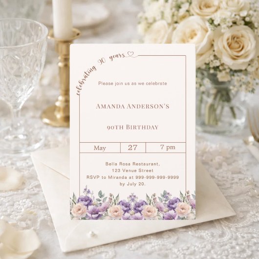 90th birthday ivory lavender florals  招待状