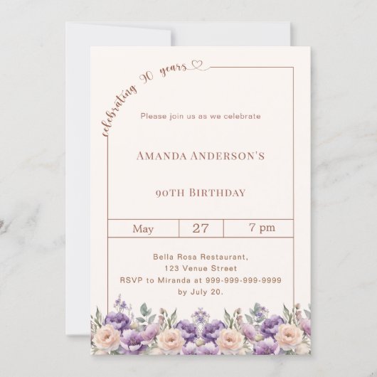90th birthday ivory lavender florals  招待状 (正面)