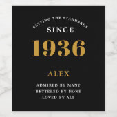 90th Birthday Name 1936 Black Gold Elegant Chic ワインラベル (シングルラベル)