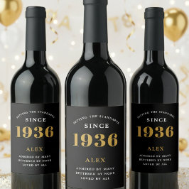 90th Birthday Name 1936 Black Gold Elegant Chic ワインラベル