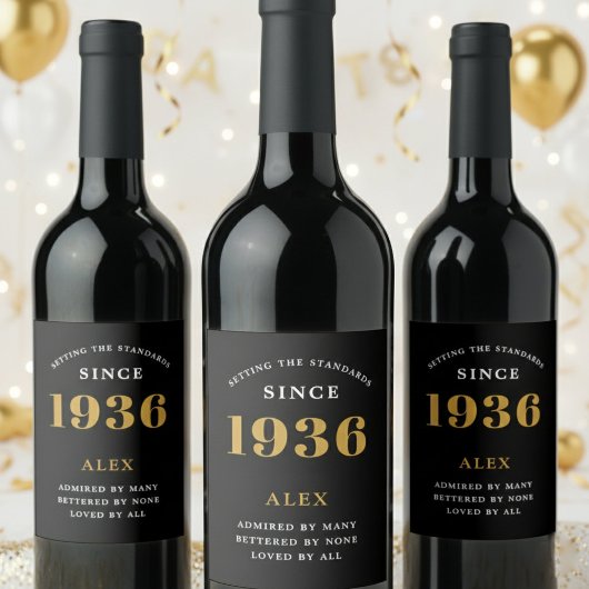90th Birthday Name 1936 Black Gold Elegant Chic ワインラベル