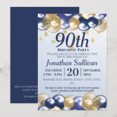 90th Birthday Navy Gold Balloons Party 招待状 (正面/裏面)
