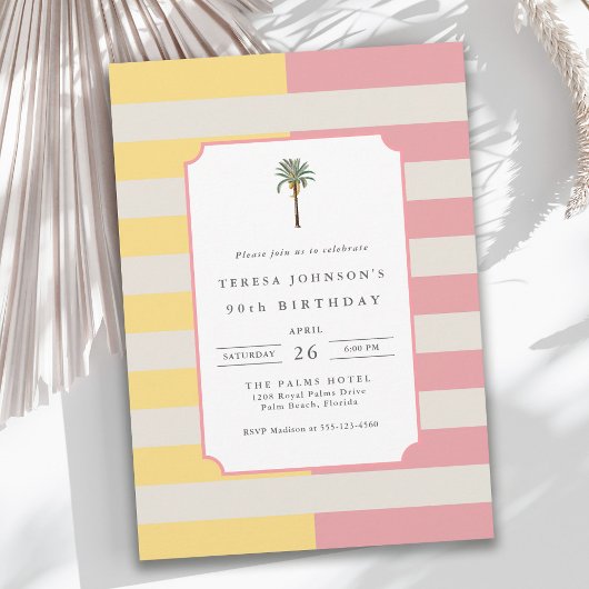 90th Birthday Palm Beach Pastel Stripe Tropical 招待状