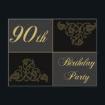 90th Birthday Partyの資料 インビテーションポストカード<br><div class="desc">特別なエレガントマイルストーンのための黒と金ゴールドの誕生日の招待デザイン。</div>
