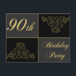 90th Birthday Partyの資料 インビテーションポストカード<br><div class="desc">特別なエレガントマイルストーンのための黒と金ゴールドの誕生日の招待デザイン。</div>