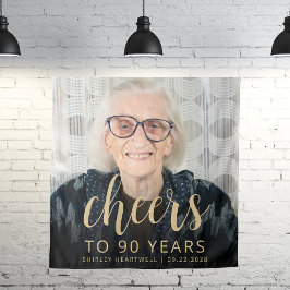 90th Birthday Partyフォト金ゴールドスクリプト応援 タペストリー