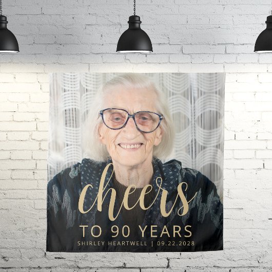 90th Birthday Partyフォト金ゴールドスクリプト応援 タペストリー