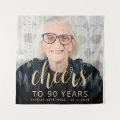 90th Birthday Partyフォト金ゴールドスクリプト応援 タペストリー (正面)