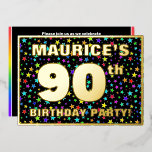 90th Birthday Party —おもしろいカラフル、Stars Pattern 箔招待状<br><div class="desc">このエキサイティングで楽しい第90回誕生祝い/パーティーフォイル招待カードデザインの正面には、名前をカスタムする、多数の"90th"、メッセージ"BIRTHDAY PARTY!"と縁どが含まれる。前面の背景には上向きのカラフル星形パターンがある。背面にはパーソナライズされた、日付、時刻、会場、その他の有用な情報など、イベントに関する詳細が表示される。招待状カスタマイズは、招待状の方やの方が90歳の誕生日に行われる誕生日の会に参加する人に向けて祝のおもしろいの手段となるかもしれない。[～Z0000600]</div>