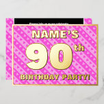 90th Birthday Party —おもしろいピンクのハートとストライプ 箔招待状<br><div class="desc">この喜びと陽気な第90回誕生祝い/パーティーフォイル招待カードデザインの正面には、名前をカスタムする、多数の"90th"、メッセージ"BIRTHDAY PARTY!"と縁どが含まれる。フロントの背景には、ハートの形を持つ愛らしい淡いピンクと濃いピンクのパターストライプのンが描かれている。背面にはパーソナライズされた、日付、時刻、会場/場所、その他の有用な情報など、イベントに関する詳細が表示される。招待状カスタマイズは招待状のおもしろいの場で、誰か90歳の誕生日を祝って行われる誕生日の集まりに向かうかもしれない。[～Z0000603]</div>