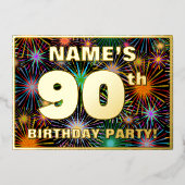 90th Birthday Party —おもしろい、カラフルFireworks Look 箔招待状 (正面)