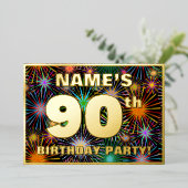 90th Birthday Party —おもしろい、カラフルFireworks Look 箔招待状 (立ち正面)