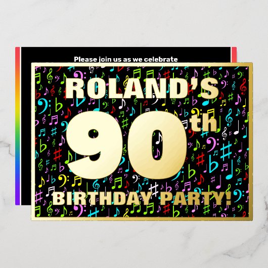 90th Birthday Party —おもしろい、音楽シカラフルンボル 箔招待状 (正面/裏面)