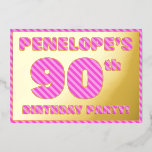 90th Birthday Party —はっきりした、おもしろい、ピンクストライプ色90 箔招待状<br><div class="desc">このおもしろい90歳はっきりしたの誕生日パーティー/お祝いフォイルの招待状/発表カードの前には、名前パーソナライズされたと多数の「90th」、メッセージ「BIRTHDAY PARTY!」、そして縁ど、すべて薄いピンクと暗いピンクの線のパターンを備えたメッセージが表示されフェミニンる。背面にはパーソナライズされた、日付、時刻、会場/場所、その他の関連する可能性のある詳細など、イベントに関する情報が含まれている。カスタマイズ招待状は90歳の誕生日を祝って行われる招待状会の参加者に使われる可能性がある。[～Z0000597]</div>