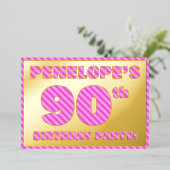 90th Birthday Party —はっきりした、おもしろい、ピンクストライプ色90 箔招待状 (立ち正面)