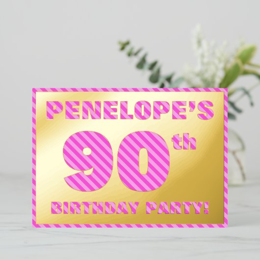 90th Birthday Party —はっきりした、おもしろい、ピンクストライプ色90 箔招待状 (立ち正面)