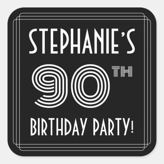90th Birthday Party:アールデコスタイルと名前をカスタムする スクエアシール (正面)