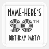 90th Birthday Party:アールデコスタイル+名前をカスタムする スクエアシール (正面)