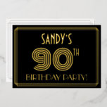 90th Birthday Party —アールデコスタイル「90」  名前 箔招待状<br><div class="desc">このヴィンテージルック第90回誕生祝い/パーティーフォイルの招待状の前には、名前パーソナライズされた、大きなアートデコのルックインスパイアス「90TH」、メッセージ「BIRTHDAY PARTY!」、ラインで構成されたパターンが付いている。前面にはデフォルトで黒い色の背景が付いているが、希望の色にするカスタマイズことが違う可能でもしある。背面にはパーソナライズされた、日付、時刻、場所、その他の関連情報など、イベントに関する詳細が表示される。このようなエレガント豪華でカスタマイズ可能な招待状は、誰かの90歳の誕生日に開催される誕生祝いに祝お客様を招待状するために使用される可能性がある。[～Z0000590]</div>
