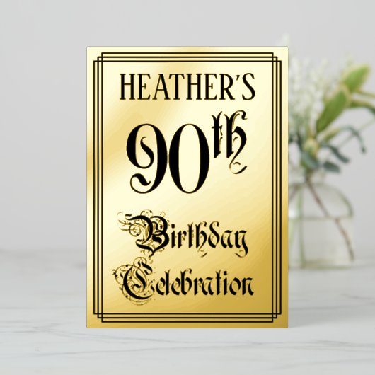 90th Birthday Party – スクリプエレガントト+名前をカスタムする 箔招待状 (立ち正面)