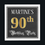 90th Birthday Party – スクリプファンシート、フェイク金ゴールド・ルック スタンダードランチョンナプキン<br><div class="desc">名前をカスタムするエレガントと「90th Birthday Party」のメッセージが特徴の華やかな紙ナプキンデザイン。90番目の大きな数字はフェイク/模倣金ゴールドの着色パターンを持ち、「バースデーパーティー」という言葉はスクリプインスパイアトスタイル文字で表され、背景は黒で表されます(デフォルトで表す場合も可カスタマイズ能)。このファンシー様な豪華な紙ナプキンは、誰かの90歳の誕生日を祝って開催される誕生日パーティーやお祝いで役に立つかもしれない。[～Z0000565]</div>