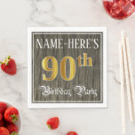 90th Birthday Party — フェイク金ゴールド&ウッドフェイク・ルックス スタンダードランチョンナプキン<br><div class="desc">この豪華でファンシー誕生日をテーマにした紙ナプキンデザインは、名前をカスタムするとメッセージ「90th Birthday Party」を備えている。90位の大きな数字はフェイク/模写金ゴールドの着色パターンを持ち、インスパイアBirthday Partyという言葉はスクリプトスタイル文字で表わされ、背景には模写/ウッドグレインを特徴とすフェイクる。この華美様な豪華な紙ナプキンは、誰かの90歳の誕生日に開催される誕生日パーティーや祝お祝いで使われるかもしれない。[～Z0000566]</div>