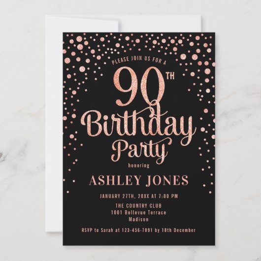 90th Birthday Party – ブラック&バラ金ゴールド 招待状 (正面)