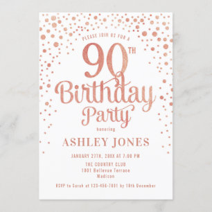 90th Birthday Party – ホワイト&バラ金ゴールド 招待状