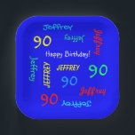 90th Birthday Party，繰り返し名前，ブルースクエア ペーパープレート<br><div class="desc">90歳の誕生日パーティパーソナライズされたーやその他の大事な行事のための素晴らしい紙プレート。名前と年齢は明るい青の背景に違うフォントと原色で繰り返し表示される。パーソナライズする簡単 – 名前、年齢、大事な行事を1か所で変更。最大9個の名前をサポートキャラクター。正方形または丸を選択カラフルとおもしろい誕生日パーティー紙ナプキン任意の名前、任意の年齢。SocolikCardShopのzazzleで利用可能なマッチングのテーブルクロスと紙ナプキン。All Rights Reserved © 2014 Alan & Marcia Socolik.</div>