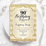 90th Birthday Party -金ゴールド招待状 招待状<br><div class="desc">第90回バースデーパーティーへの招待。デザインエレガント金ゴールド。機能フェイクグリッターストライプ金ゴールドスタイリッシュ、スクリプトフォント、紙吹雪。グラム誕生祝い。</div>