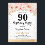 90th Birthday Party -金ゴールド花 招待状<br><div class="desc">90歳の誕生日パーティーの招待状。エレガントデザインのグリッターフェイク金ゴールドとフローラアクセント。招待状カード(スクリプトフォントと紙吹雪)。赤面コーラルピンク、白。30日のスタイリッシュお祝いに最適。メッセージもしメッセージはカスタム年齢。</div>