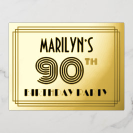 90th Birthday Party ~ Art Deco Style “90” + Name 箔招待状ポストカード