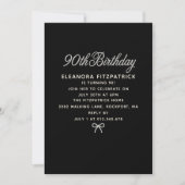 90th Birthday Party Black White Pearl Script Bow 招待状 (正面)