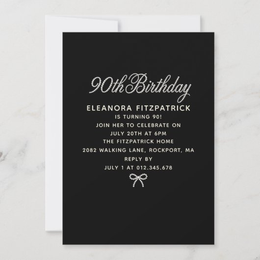 90th Birthday Party Black White Pearl Script Bow 招待状 (正面)