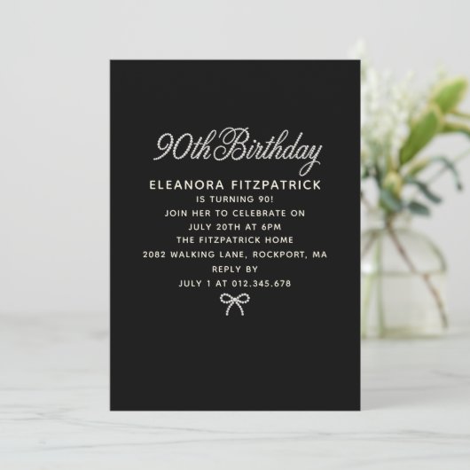 90th Birthday Party Black White Pearl Script Bow 招待状 (スタンド正面)