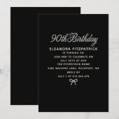 90th Birthday Party Black White Pearl Script Bow 招待状 (正面/裏面)