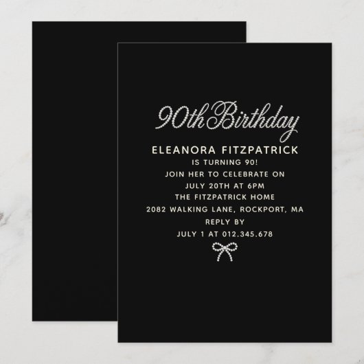 90th Birthday Party Black White Pearl Script Bow 招待状 (正面/裏面)