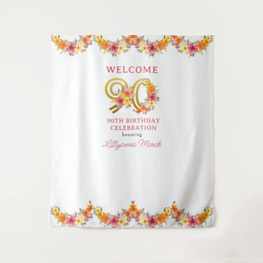 90th Birthday Party Floral Gold Number 90 Backdrop タペストリー (正面)