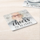 90th Birthday Party Photo Black Script Cheers スクエアペーパーコースター (アングル)