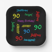 90th Birthday Party, Repeating Name, Black Square ペーパープレート (正面)