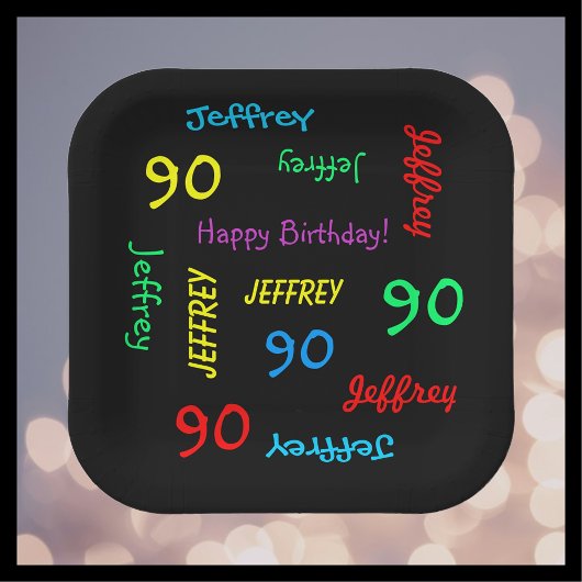 90th Birthday Party, Repeating Name, Black Square ペーパープレート