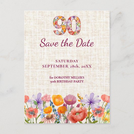 90th Birthday Party - Wildflower Save the Date 案内ポストカード (正面)