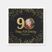 90th Birthday Photo Elegant Black Gold Glitter スタンダードカクテルナプキン (正面)