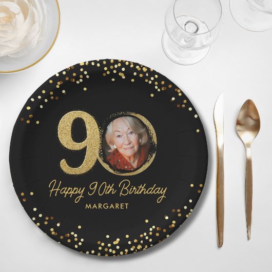 90th Birthday Photo Elegant Black Gold Glitter ペーパープレート
