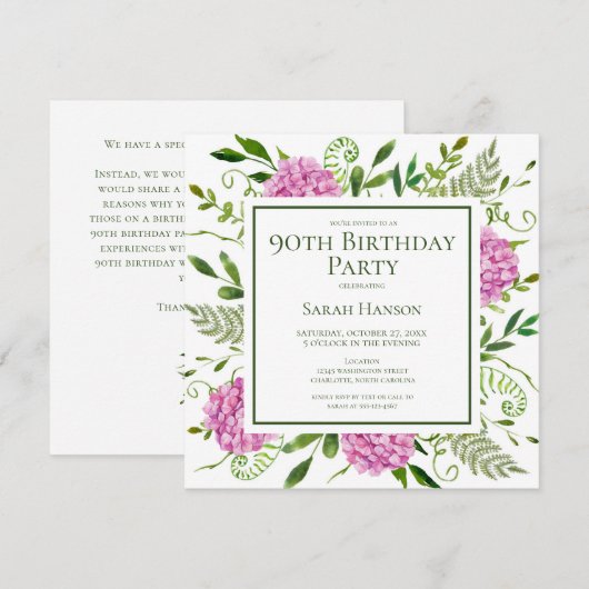 90th Birthday Pink Hydrangeas Card Request  招待状 (正面/裏面)